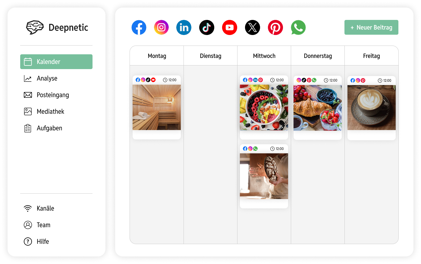 Der Kalender von Deepnetic Social, in dem Social-Media-Content auf allen Social-Media-Plattformen geplant werden kann.