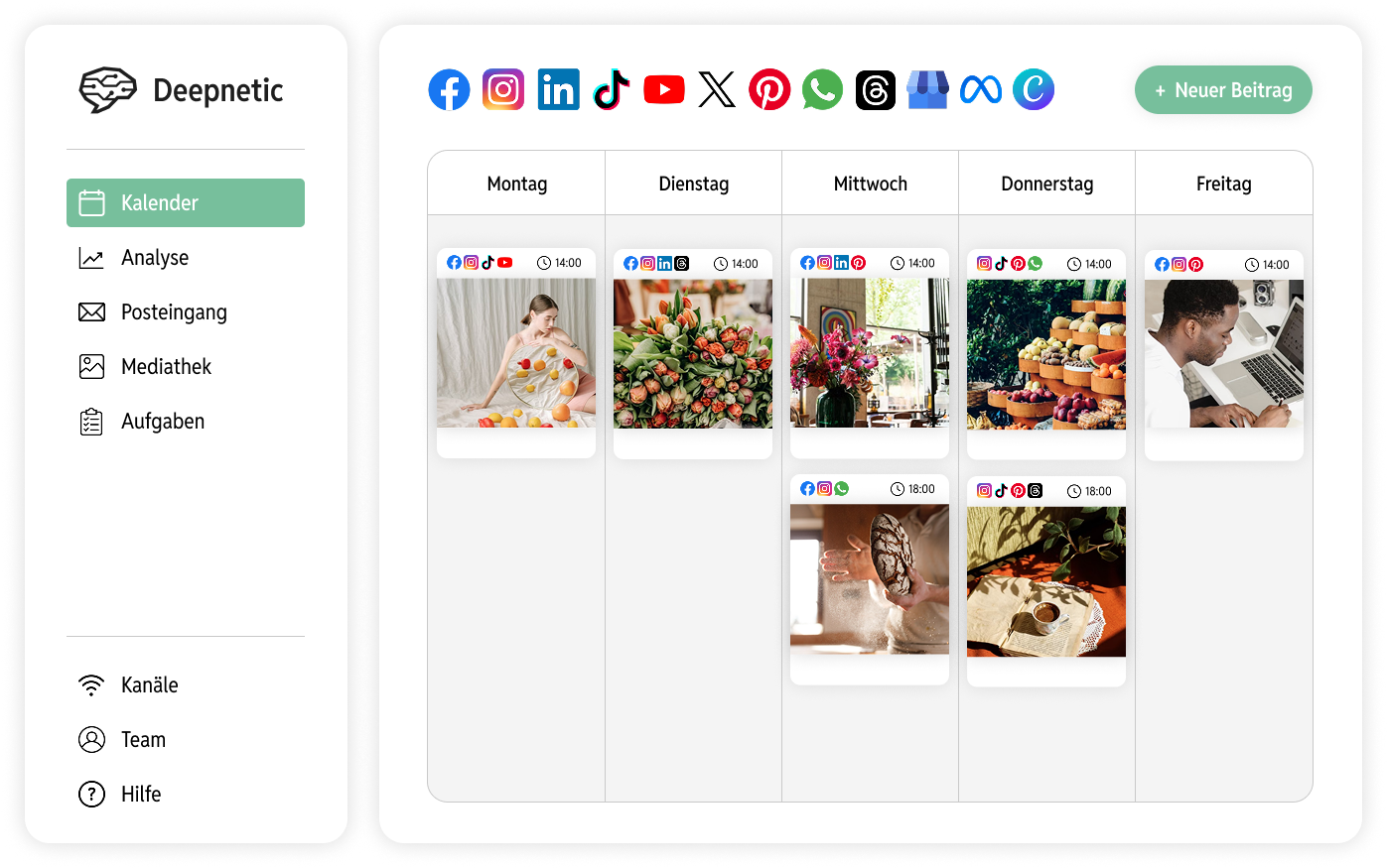 Der Kalender von Deepnetic Social, in dem Social-Media-Content auf allen Social-Media-Plattformen geplant werden kann.
