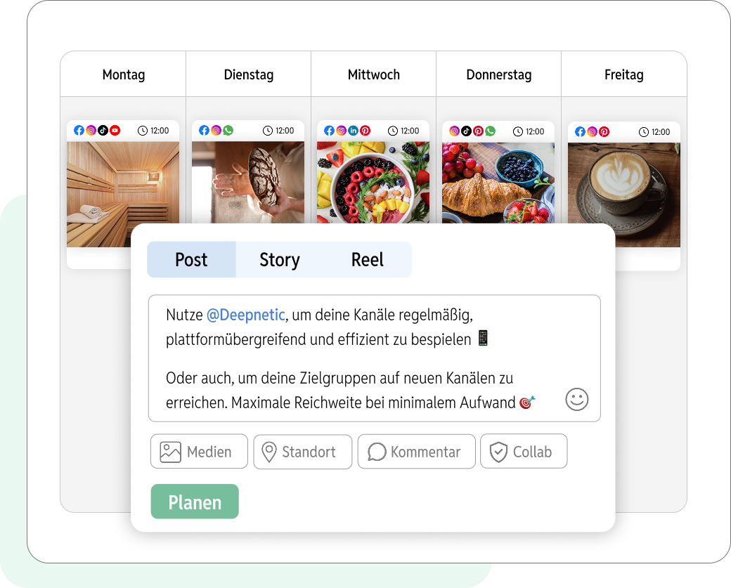 Der Kalender von Deepnetic Social, in dem Posts plattformübergreifend geplant werden können.