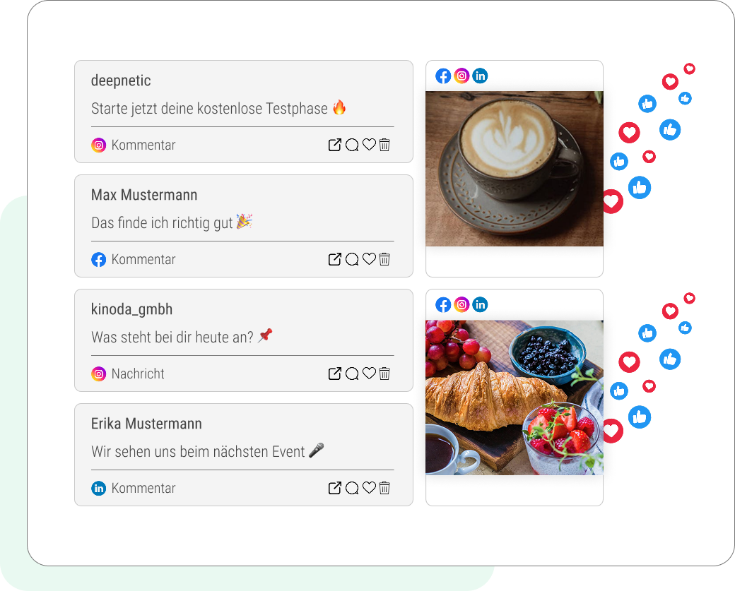 Der Posteingang von Deepnetic Social, in dem eingehende Nachrichten und Kommentare an einem Ort zusammenkommen.